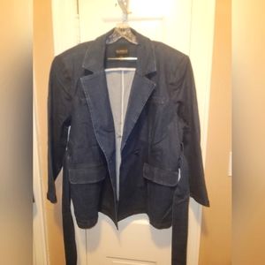 Plus Size Dark Rinse Belted Denim Jacket/ Wide Leg Pants Set (Jacket:22 Pant:18)